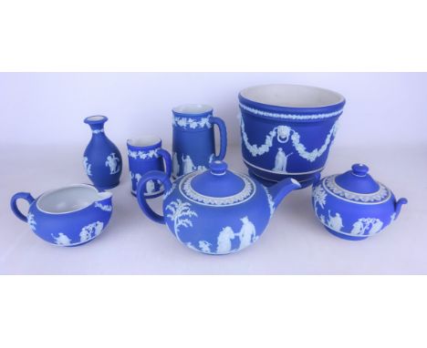 Collection of Wedgwood Blue Jasper ware, including jardiniere, tea service, jugs etc (7)   Condition Report   Click here for 