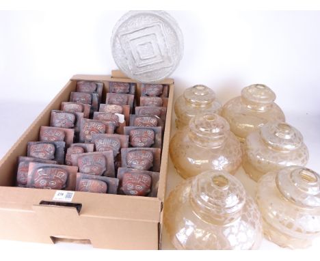 Set of 24 Aztec style plaster tiles, and various glass light shades and fittings   Condition Report   Click here for further 