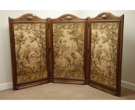 20th century oak folding dressing screen with three tapestry panels, W252cm   Condition Report   Click here for further image