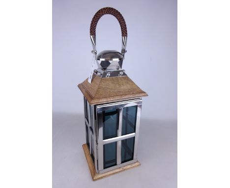 Satin finish metal and wood lantern with carrying handle, W20cm, H60cm   Condition Report   Click here for further images, co