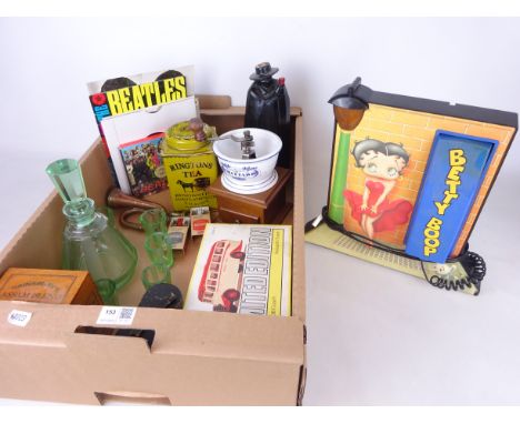 Five Beatles singles, Beatles ephemera, Art Deco decanter and glasses, Betty Boop telephone, Corgie bus and miscellanea in on