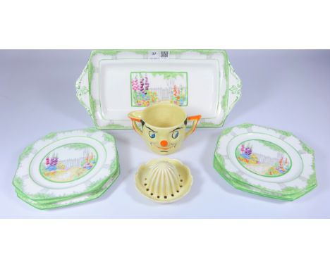 1930's Paragon 'Garden Gate' sandwich set, Carlton Ware clown cream jug and porcelain lemon squeezer    Condition Report   Cl