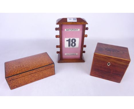 Single division Georgian mahogany inlaid tea caddy H11.5cm, Vintage perpetual wooden desk calendar and a amboyna burr box (3)