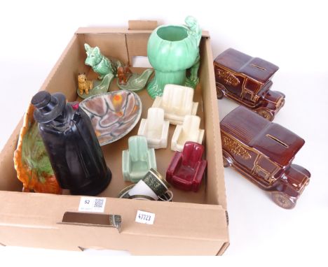Sylvac gnome jug, Sylvac terrier, Wade and other pipe stands, Royal Doulton Sandeman decanter, two Thornton's money boxes and