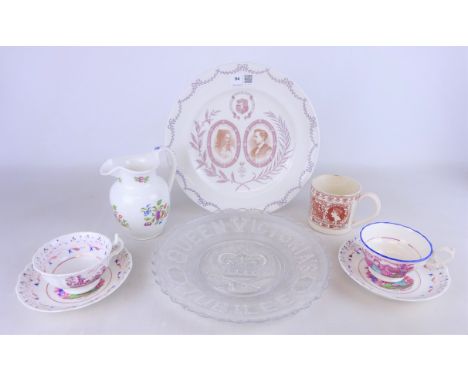 Two 19th Century 'Royal Family' cup and saucers, Royal Worcester 1896 commemorative plate, other Victorian commemorative ware