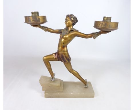 Art Deco spelter figural table lamp, modelled as a dancing lady on onyx stepped plinth, possibly by Josef Lorenzl, L22cm x H3