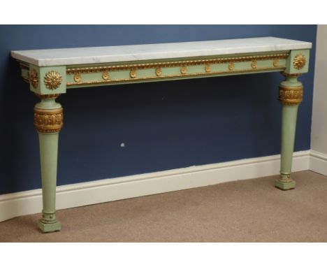 20th century rectangular parcel gilt console table, with applied mouldings, turned supports, white marble top, W153cm, H81cm,