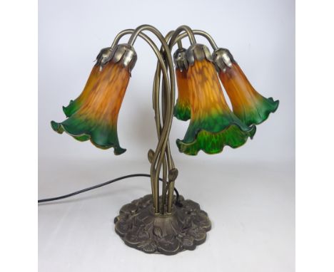 Art Nouveau style five branch table lamp with coloured glass shades, H42cm (This item is PAT tested - 5 day warranty from dat