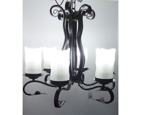 Black finish wrought metal six branch light fitting with opaque glass shades, H59cm    Condition Report   Click here for furt