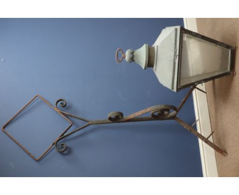 Victorian copper gas street lantern with wrought iron corner wall bracket, L140cm (bracket from wall)   Condition Report   Cl