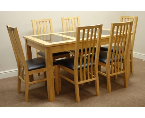 Light wood rectangular dining table with inset granite panels (141cm x 80cm, H74cm), and set six dining chairs   Condition Re