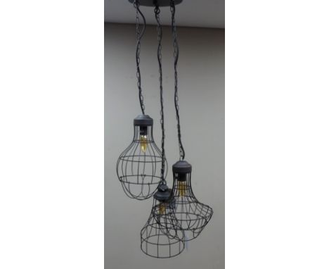 Centre light fitting with three cage/ wire pendants    Condition Report   Click here for further images, condition, auction t