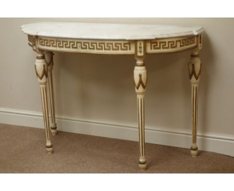 20th century parcel gilt console table, shaped front with moulded white marble top, with Greek key frieze and frieze drawer, 