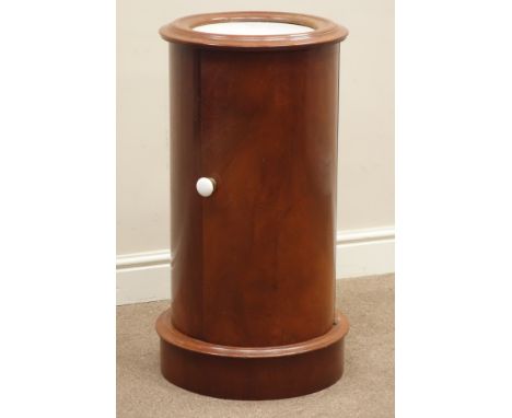 Victorian mahogany cylinder pot cupboard, circular stepped moulded top with inset white marble, plinth base, single shelf to 