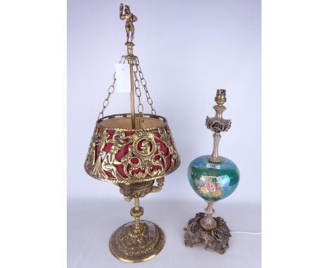 Traditional style four branch brass table lamp, H68cm and a another table lamp with an iridescent glass body (2)    Condition