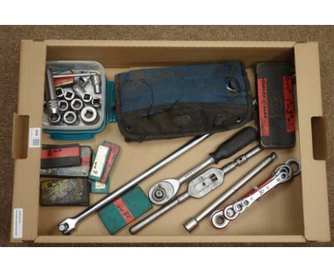 Precision engineering tools including - tap set 6 - 16mm, 'Moore & Wright' micrometer 0-1" & 1-2", spanner set, socket sets e