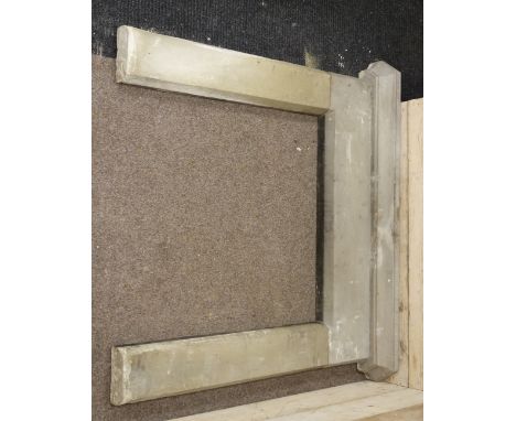 York Stone four piece fire surround, hand carved chamfered edges, step moulded canted mantel piece, W155cm, H136cm, aperture 