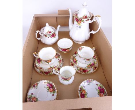 Royal Albert 'Country Roses' teaware; large tea pot, coffee pot, two cups and saucers, two tea plates etc    Condition Report