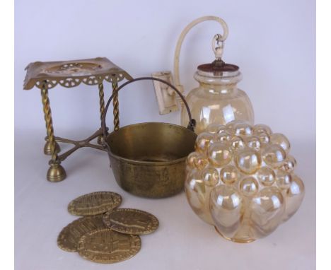 Brass trivet, pan and five engine plates, mid 20th Century luster glass shade and a early 20th Century wall light    Conditio