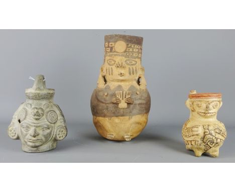 Peruvian Pottery; Inca figural vessel, a figural jug and a tall vessel in the form of a man (3) Provenance - a single collect