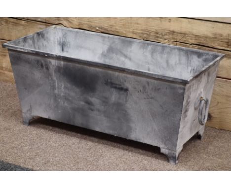 Rectangular lead finish tapered garden planter with ring handles, W81cm, D36cm, H36cm   Condition Report   Click here for fur