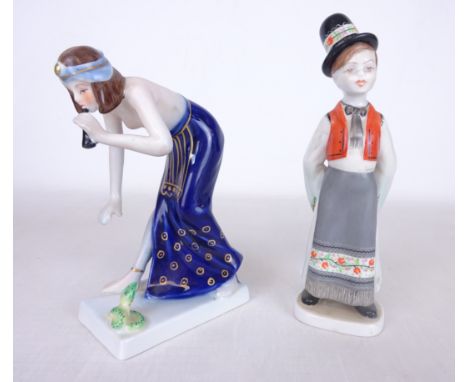 Austrian Art Deco style figurine of semi-nude snake charmer in the style of dux/ Goldscheider, stamped Wien and Hollohaza Kez