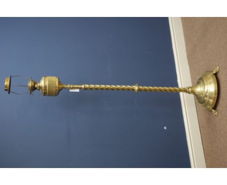Victorian brass telescopic oil lamp stand, rope twist column, circular stepped platform base with three paw feet   Condition 