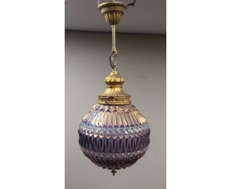 Art Deco style 1960's gilt metal pendant light fitting with lustre glass shade, H55cm approx   Condition Report   Click here 