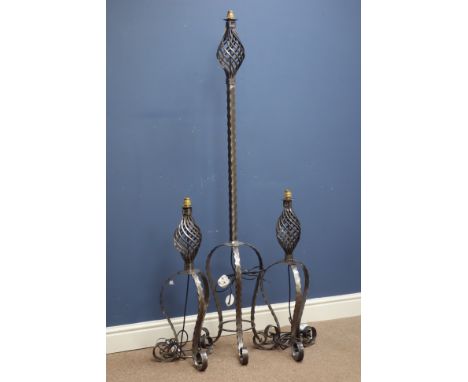 Wrought iron standard lamp (H150cm excluding fitting), and matching pair matching lamps   Condition Report   Click here for f