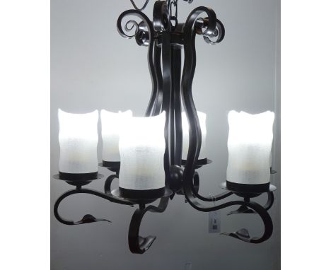 Black finish wrought metal six branch light fitting with opaque glass shades, H59cm    Condition Report   Click here for furt