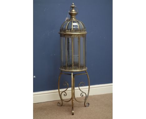 Bronzed finish circular lantern with carrying handle on stand, D34cm, H115cm   Condition Report   Click here for further imag
