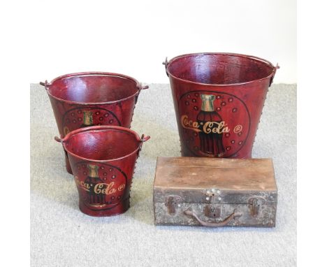 A vintage style steel suitcase, 35cm, together with three painted metal cola advertising buckets