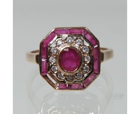 A 9 carat gold Art Deco style rose gold, ruby and diamond ring, boxed, size N/O