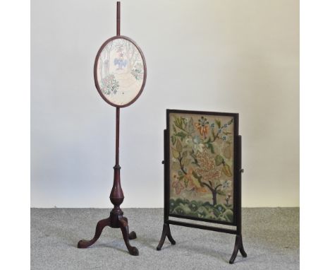 A 19th century mahogany pole screen, together with a tapestry fire screen, 53cm (2)
