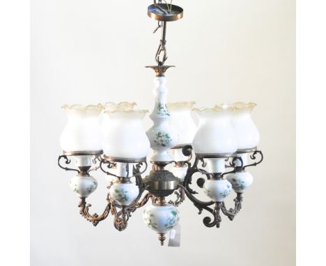 An early 20th century gilt ceiling light, 52cm, together with another with a glass shade