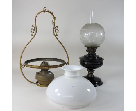 A Victorian oil lamp, together with a hanging lantern, 56cm high (2)