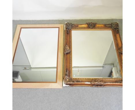 A large gilt framed wall mirror, 153 x 123cm, together with a light oak framed wall mirror