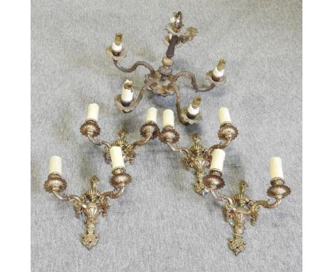 A five branch chandelier, together with four matching wall lights and a collection of ten candle holders, boxed
