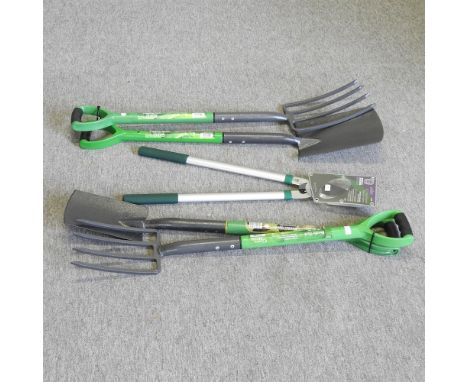 A garden fork and spade set, together with another and a Spear and Jackson bypass lopper (3)