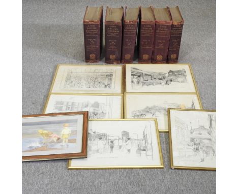 Joseph Wood, boys playing in a pond, watercolour, 23 x 33cm, together with six Terence Dalley prints of London scenes, and a 