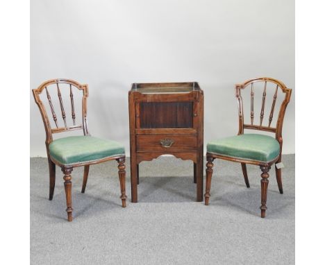 A George III mahogany tray top commode, 48cm, together with a pair of Victorian green upholstered parlour chairs