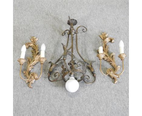 A gilt brass ceiling light, 55cm high together with a pair of gilt wall lights