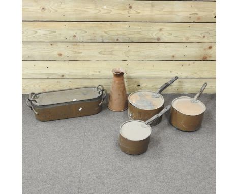 A set of three vintage copper saucepans, with lids, together with a copper fish kettle and a jug