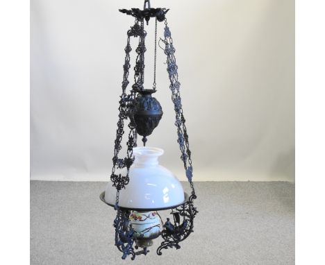 A Victorian gilt metal ceiling light, with a rise and fall mechanism and glass shade, 130cm high overall