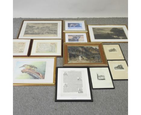 Charles Henry Baskett, 1872-1953, An Essex Marsh, aquatint, 35 x 53cm, Edward Cherry, 20th century, three etchings of the Tow
