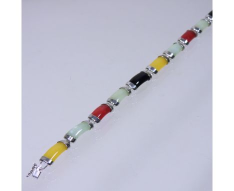 A silver and coloured jade bracelet, boxed, with certificate