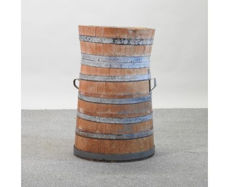 An antique coopered wooden barrel, converted to a stick stand, 88cm high