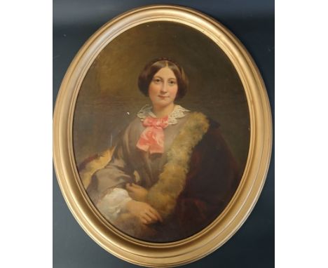 19th century oil on canvas oval portrait of a Victorian lady, unsigned, with later hard board backing and modern frame, 49.5c