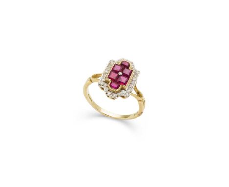 A ruby and diamond cluster ring  set with six step-cut rubies in a border of round brilliant-cut diamonds, to split shoulders