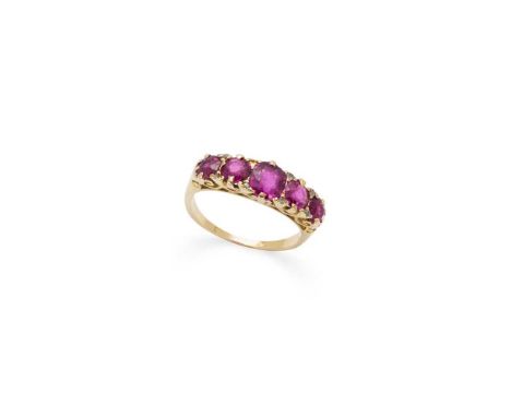 A ruby five-stone ring claw-set with five round and cushion-cut rubies, unmarkedDimensions:Ring size: N
